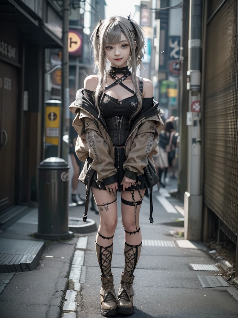 (Full Body View:1.2)、(Smiling with teeth showing:1.3),(Shibuya Gal:1.5)、(Beautiful:1.5)、(Neo-goth fashion:1.5)、(Punk RockVisual Kei:1.5)、(An off-the-shoulder hoodie in khaki and brown with delicate silver accessories.:1.5)、(A corset with a delicate beige and brown design:1.4)、(Khaki and brown snakeskin bodysuit:1.5)、(head band:1.3)、(Beige and charcoal knee socks:1.4)、Embellished collar and long boots、(I'm selling snake print underwear.:1.4)、(Long eyelashes:1.3)、(20-year-old)、((Highest quality、8k、masterpiece:1.3))、1 Female、Slim and beautiful abs:1.3、(hairstyle casual、Beautiful boobs:1.1)、(Doing an aerobics pose:1.3)、dress:1.1、Super small face、Narrow eyes、double eyelid、A sloppy smile、Esbian all over、Dynamic Angle、Close-up、CPL Filter、Blurred Background、Bokeh、Blue Hour、Detailed face and skin texture、Detailed eyes、,(Twin tails:1.3)、(Black brown hair:1.3)、Gravure idol、(The background is a glamorous dance hall:1.3)、(Make your legs thinner:1.4)、(Slim body:1.3)、(clavicle:1.1)