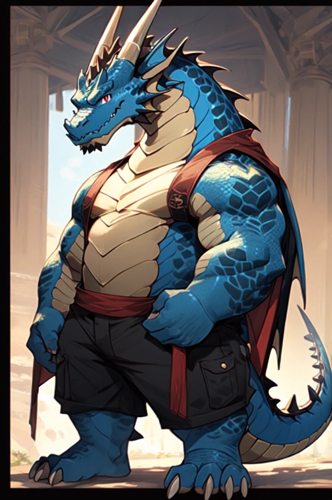 ,hairy,anthropology,Beast field,(dragon:1.35),Dear Trumpet,(dragon tail:1.2),Blue body,Red eyes,upright,