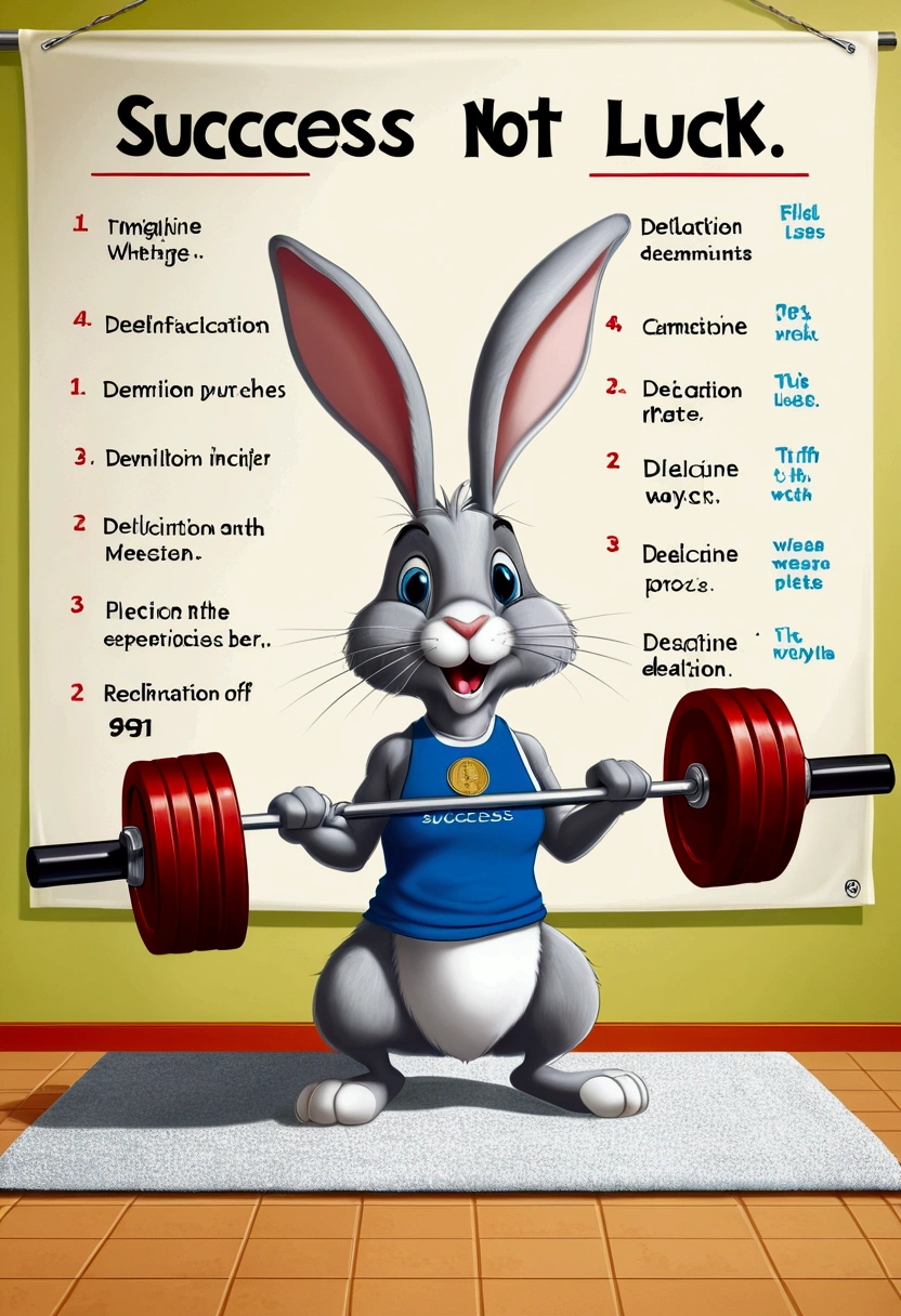 Create a humorous image that represents the phrase "Success is not luck, it's discipline, effort and dedication". Imagine a cartoon rabbit lifting weights in a gym, sweating and with an expression of determination, while other rabbits are resting or playing. In the background, a schedule table shows a strict routine. Add details like a water bottle labeled "discipline", a towel like "effort" and a medal hanging on the wall with the word "Dedication".