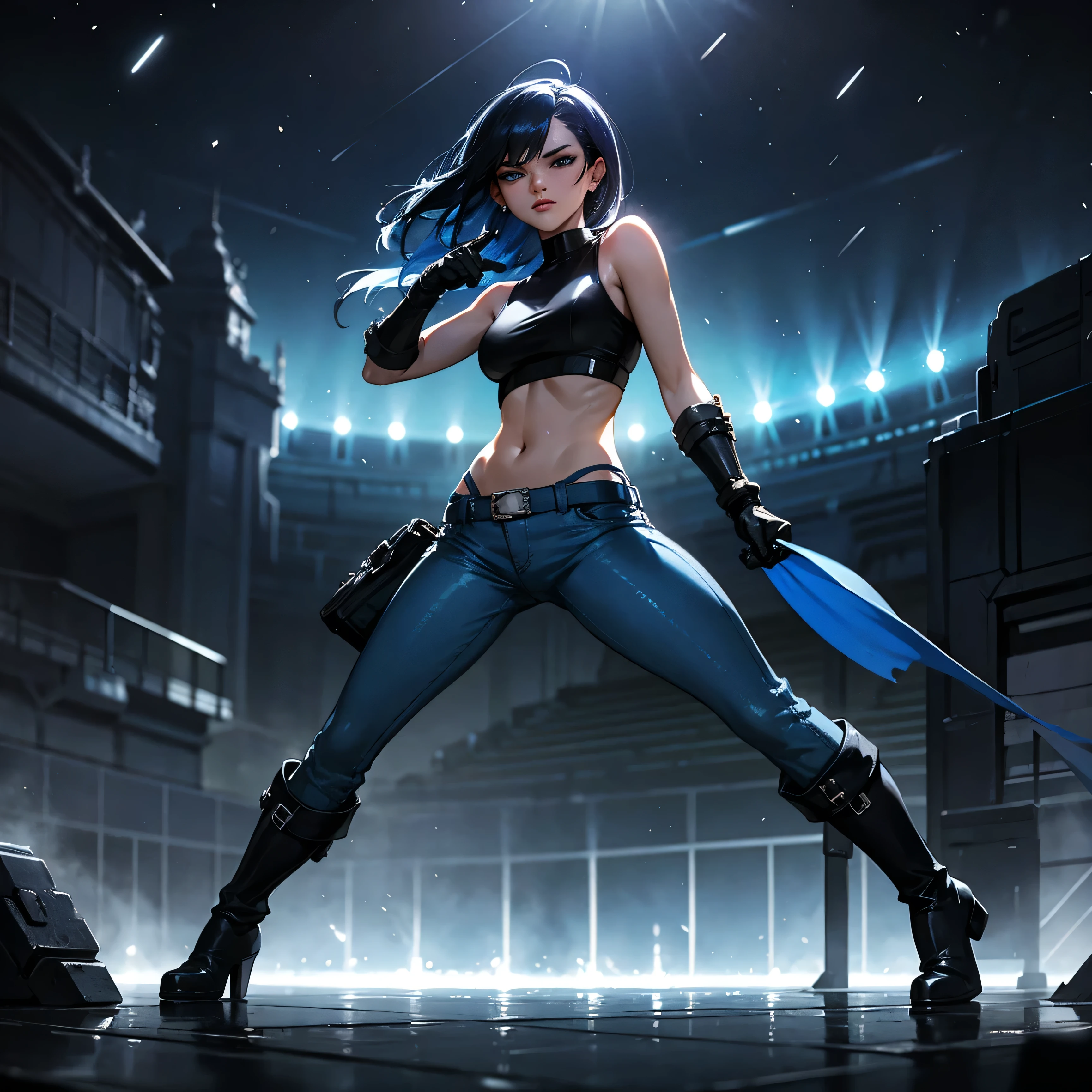 1girl, (solo), medium straight hair, dark blue hair, blue eyes!, arrogant face, medium breasts, white crop top!, blue short jean!, black boots, black gloves, small size, fair skin, full body, fighting pose, arena, (night), (very sexy body, detailed face, masterpiece, highly detailed, 8k, best quality, vibrant colors, digital art, concept art)
