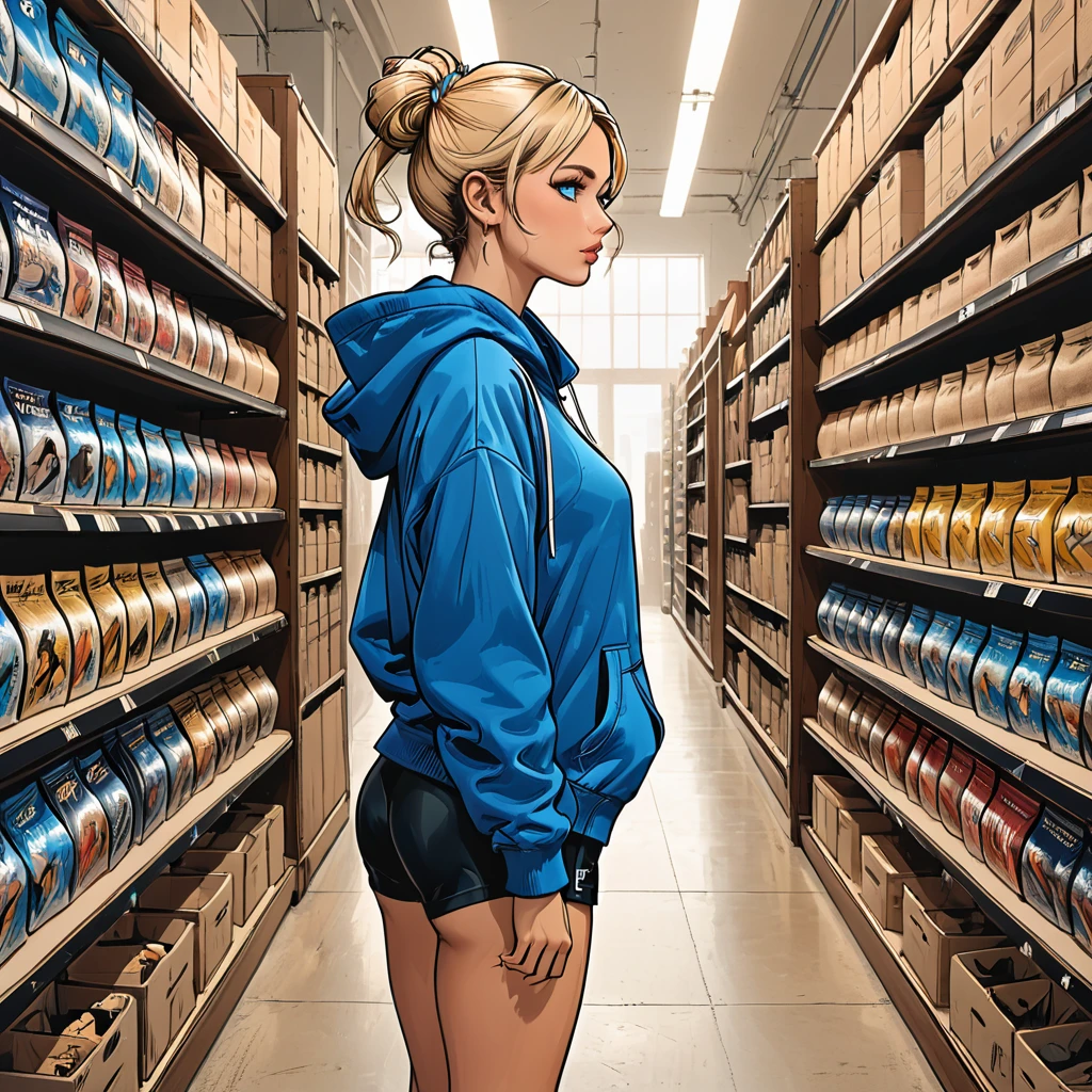 cloth store, ((side view):2), profile girl in Blue oversized hoodie and black Elastic shorts walking through a cloth store, 
((warm clothes, outerwear)), adult, [Nordic], Hourglass elongated fitness body, perfect Olive skin, Oval Face, Long neck, Rounded shoulders, perfect hand,  Attached Pointed ears, round forehead, Short blonde Waves pixie hair, snub nose, Arched eyebrows, ((Monolid blue Eyes)), High Round Narrow cheekbones, Dimpled Cheeks, Rounded Chin, Rounded Jawline,  Full nude Lips, (blue eyes), Nude Makeup Look, long eyelashes,   third breast size, 

graphic style of novel comics , perfect hands, 2d,
8k, hyperrealism, masterpiece, high resolution, best quality, ultra-detailed, super realistic, Hyperrealistic art, high-quality, ultra high res, highest detailed, lot of details, Extremely high-resolution details, incredibly lifelike, colourful, soft cinematic light,