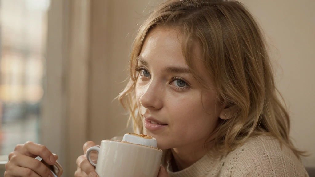 Cute beautiful blonde with yellow sweater (Drinking coffee in a modern café at sunset), muito detalhado, 14years old, innocent face, naturally wavy hair, blue eyes, high-res, ​masterpiece, best qulaity, Intricate detailing, muito detalhado, sharp focus, detailed skin, realistie Hauttextur, Textur, detailled eyes, professional, 4K, charming smile, taken with Canon, 85 mm, light depth of field, Kodak Vision Color, perfectly fitting body, extremely detail, photoshot_\(ultra\), fotorealisti, realisti, Post processing, maximum details, roughness, real life, ultrarealisti, photoshotrealismus, photoshotgrafie, 8K  UHD, photoshotgrafie