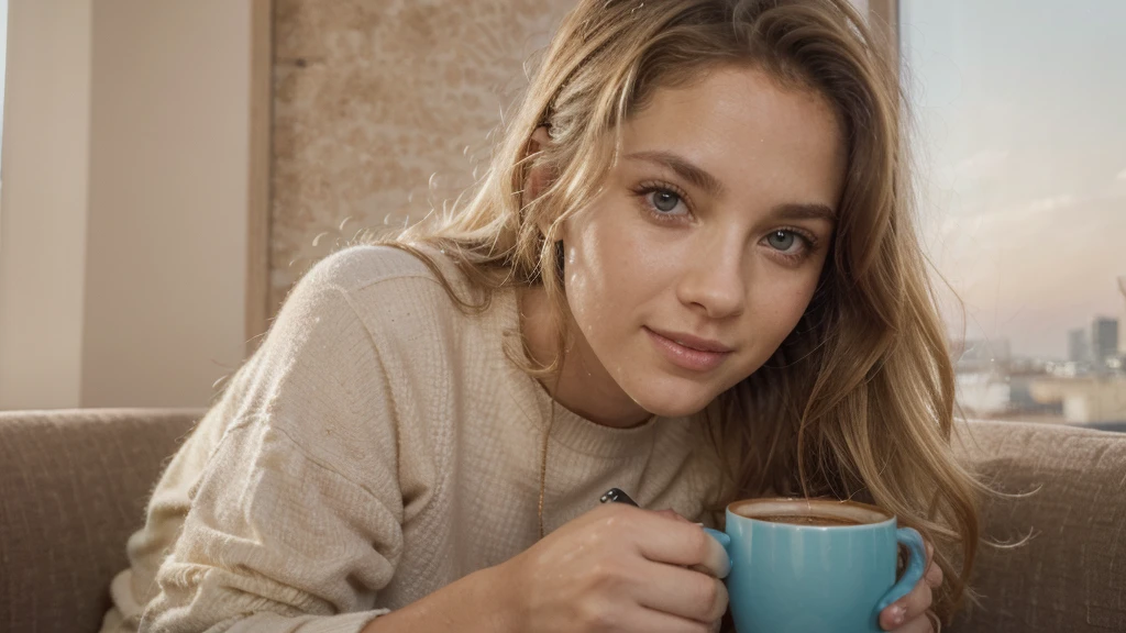 Cute beautiful blonde with yellow sweater (Drinking coffee in a modern café at sunset), muito detalhado, 14years old, innocent face, naturally wavy hair, blue eyes, high-res, masterpiece, best qulaity, Intricate detailing, muito detalhado, sharp focus, detailed skin, realistie Hauttextur, Textur, detailled eyes, professional, 4K, charming smile, taken with Canon, 85 mm, light depth of field, Kodak Vision Color, perfectly fitting body, extremely detail, photoshot_\(ultra\), fotorealisti, realisti, Post processing, maximum details, roughness, real life, ultrarealisti, photoshotrealismus, photoshotgrafie, 8K UHD, photoshotgrafie