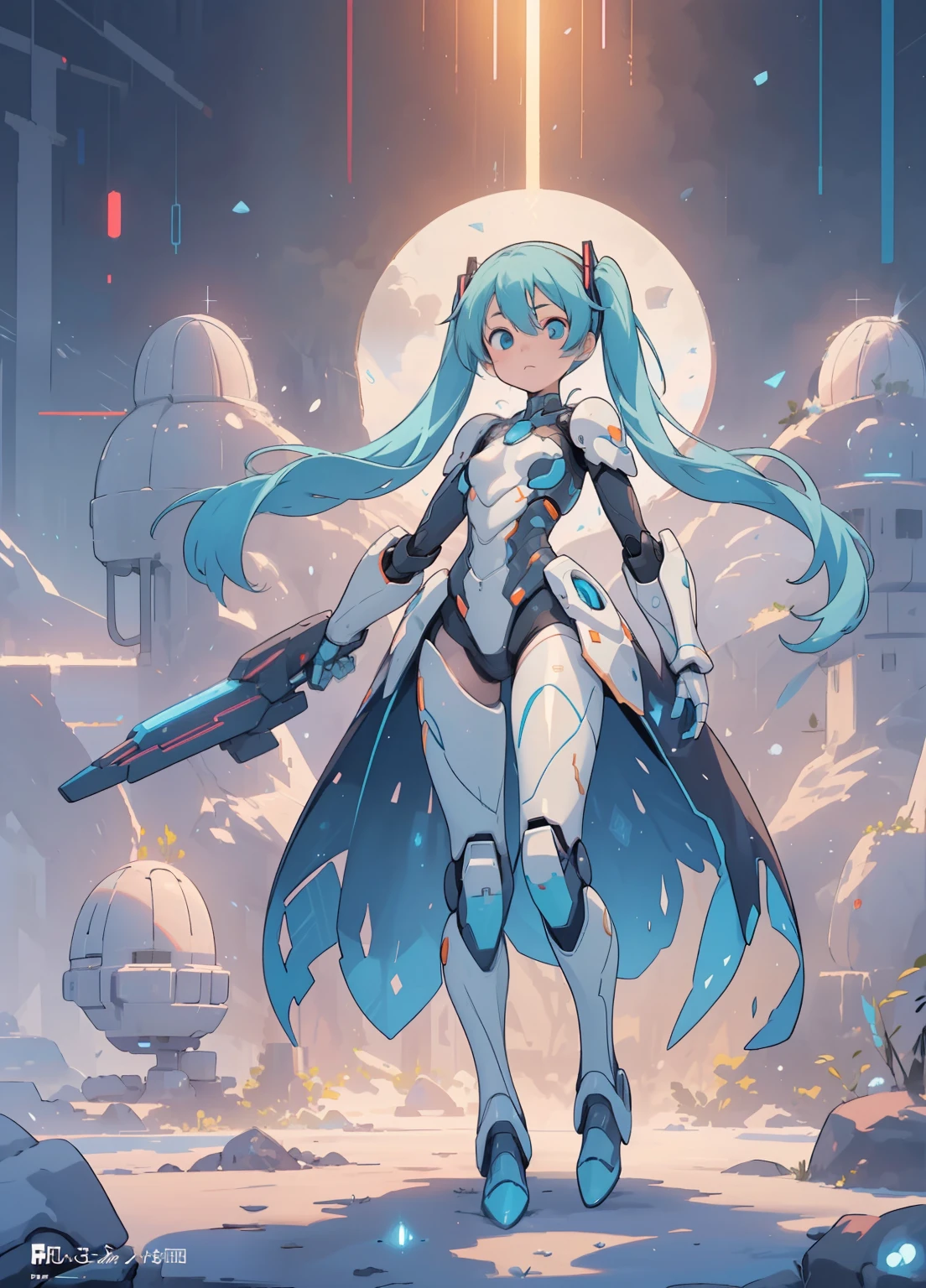 (masterpiece、Highest quality、Highest quality、Official Art、Beautiful and beautiful:1.2)、(One girl:1.3)Hatsune Miku、Twin tails,Beautiful breasts, humanoid mech, Fully enclosed shoulder guards, Matching arm and leg guards, whole body, Full Armor, A design that combines solidity and agility, (The color scheme is mainly white.、Comes with red and blue accents。, The concept was inspired by super robots, Organic Biotech Armor, Are standing, Floating above a futuristic sci-fi city), Exquisite and mature art style, (Aura effect, energy, Glowing Eyes, The armor shines), ((SRS)), metallic, dynamic, dramatic, High resolution, Highest quality, High resolution, Super detailed, Ultra-fine painting, Very delicate, Professional, 完璧なボディProfessionalポーション, Anatomically correct, Symmetrical face, Highly detailed eyes and face, High quality eyes, creativity, RAW Photos, 超High resolution, 32k, Natural light, Cinema Lighting, masterpiece-anatomy-perfect, masterpiece:1.5
