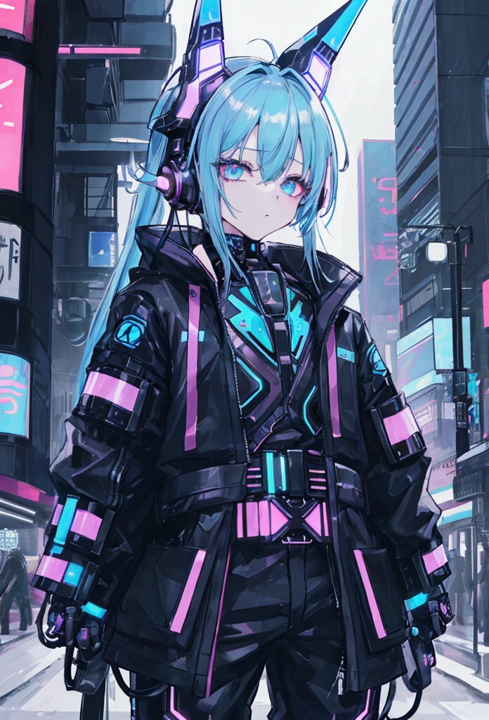 Young Man,From the waist up,cyber punk,night,Light blue hair,Decadent，Mode fashion，80&#39;s，High-tech headgear,cyber punkの賑やかな繁華街，A city full of neon lights