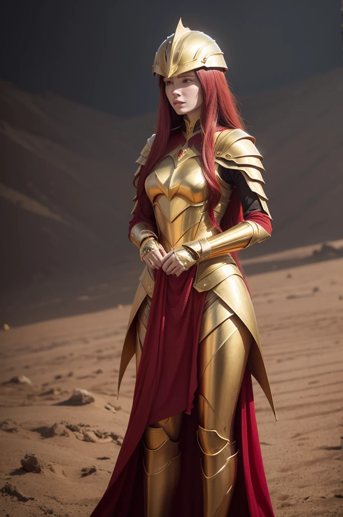 a one woman, pretty, 2 56 tall, red long hair, a golden helmet covering the eyes, golden armor with a red dress on top, showing a metallic prosthesis on the right arm, a thin sword 2 70 long stuck in the ground next to me