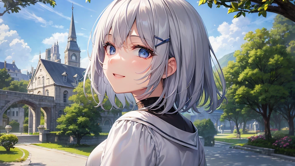 Ultra HD,Look at the viewers, Put your hands behind your back, With a girl, 20-year-old, 非常にShort Hair, Long bangs between the eyes, Pale blue eyes,  Very detailed,(masterpiece、Highest quality),Gray Hair、Laughter、Fantastic, Silver Hair, Iris,  Short hair、 Fluttering Hair、Small Face、明るいsmile、(Detailed face) ,Professional Lighting,Wonderful landscape,blue sky, sunlight,Looking down from above,Portraiture、Open your mouth、Flower Field、Her eyes were shining、Mysterious and enchanting atmosphere。With AI Painting、とてもShort Hair, Long bangs between the eyes, Very detailed,(masterpiece、Highest quality)、alone、Gray Hair、Fantasy, Silver Hair, Fantasyな風景、smile、Open your mouth、short hair、Short Hair、hairpin、black eye、Grey Eyes、Beautiful Eyes、White shirt、Jacket、I can see the neck、The clavicle is visible