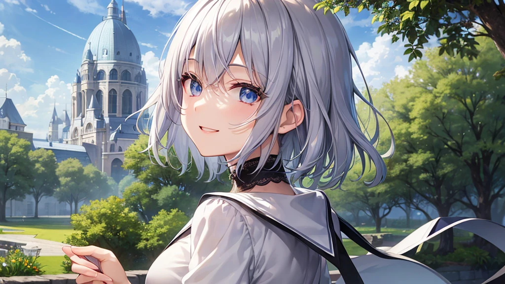 Ultra HD,Look at the viewers, Put your hands behind your back, With a girl, 20-year-old, 非常にShort Hair, Long bangs between the eyes, Pale blue eyes, Very detailed,(masterpiece、Highest quality),Gray Hair、Laughter、Fantastic, Silver Hair, Iris, Short hair、 Fluttering Hair、Small Face、明るいsmile、(Detailed face) ,Professional Lighting,Wonderful landscape,blue sky, sunlight,Looking down from above,Portraiture、Open your mouth、Flower Field、Her eyes were shining、Mysterious and enchanting atmosphere。With AI Painting、とてもShort Hair, Long bangs between the eyes, Very detailed,(masterpiece、Highest quality)、alone、Gray Hair、Fantasy, Silver Hair, Fantasyな風景、smile、Open your mouth、short hair、Short Hair、hairpin、black eye、Grey Eyes、Beautiful Eyes、White shirt、Jacket、I can see the neck、The clavicle is visible
