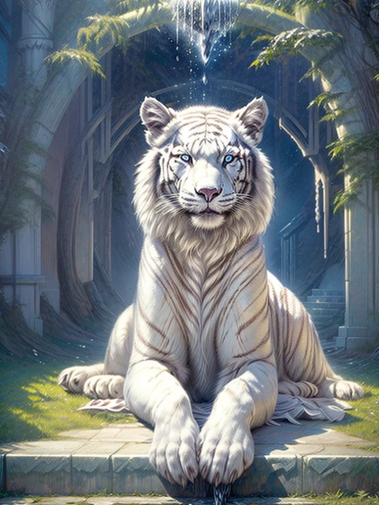 In the dark forest。full moon。White Rose。Wolf sitting。An elegant white dress lies on the ground。