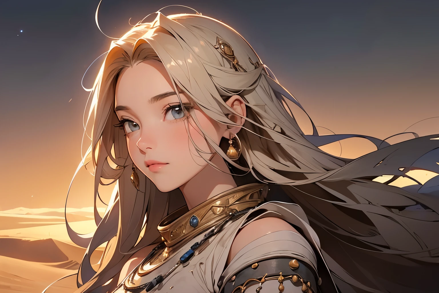 desert tank, (Beautiful young nomadic princess traveling in the moonlit desert:1.2)、Beautiful Face、(Photographing the entire tank)、In the middle of a vast desert、Sand dunes stretching to the horizon、Clear night sky、Capturing the essence of determination and wisdom、Subtle warm tones、High resolution、Super detailed、