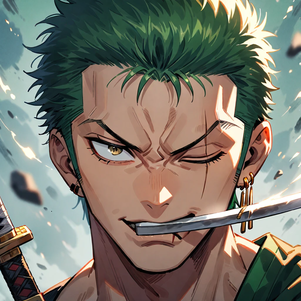 roronoa zoro, male focus, green hair, 1boy, solo, earrings, mouth hold, scar across eye, jewelry, weapon, scar, short hair, one eye closed, sword, sideburns, looking at viewer, holding, single earring, scar on face, holding weapon, portrait, ((medium quality)), ((medium quality))