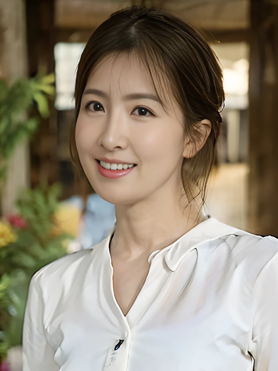 8K， Highest quality、Upper Body、masterpiece、Realistic。Realistic、Very detailed、Natural light、1 Japanese female、40 years old，Slightly brown-haired、short hair、（Lean forward to look into the camera）、Detailed bending forward、lingerie、Her cleavage is visible、A refreshing smile A friendly smile、Happy emotion smiley faces、Very detailedな顔と肌、Very detailedな目、Very detailedな顔と肌、Very detailed smile、Full Body Shot