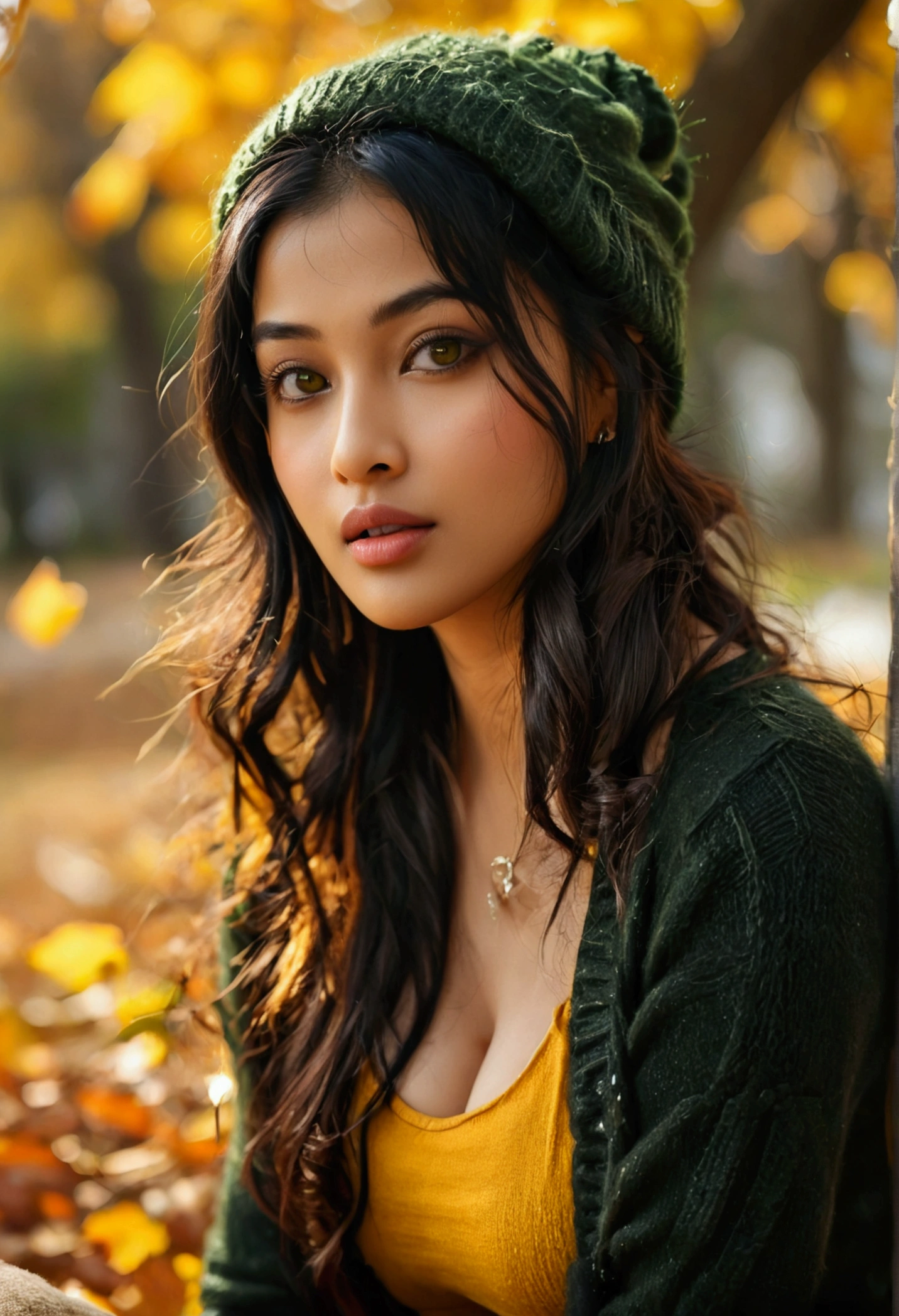 Beautiful  Bollywood supermodel woman with a , black hair, bangs, twintail, widest waist, fitting breasts, curvy accentuated booty, sparkling olive-green eyes, long eyelashes, thick thighs, Strong calves, smirk, taniaayusiregar, She wears a black wool cardigan, yellow shirt, white jeans, brown belt, black beanie, she waits in a park, photorealistic, Masterpiece, bokeh, Volumetric lighting, Fall season atmosphere, uhd, masterpiece, highest quality