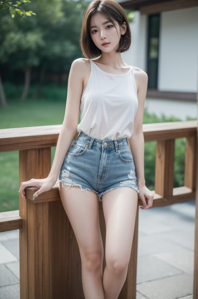 (best quality,4K,8K,high resolution,masterpiece:1.2),Very detailed,(Practical,photoPractical,photo-Practical:1.37,Overall image,full-body shot),thigh,foot,Very short shorts,beautiful,thin,expressionless
