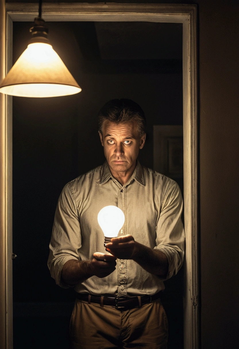 photograph of a worried man holding a lit lamp in one hand, in the other he holds and looks at paper with a dollar sign, in a scene of a dark and gloomy room with volumetric light