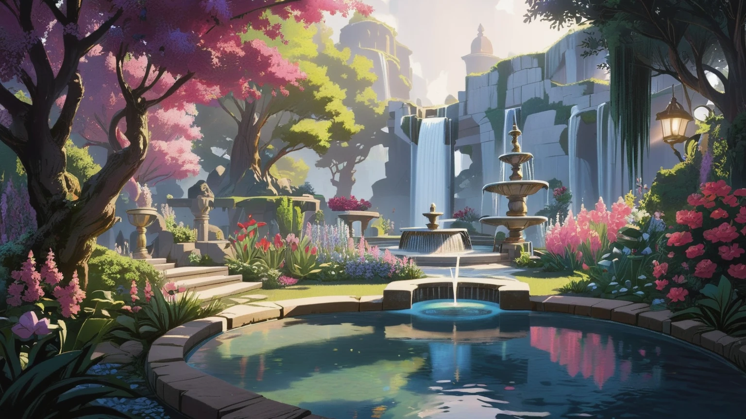 Mystoicla garden with magic with a fountain and a waterfall, No human: 2