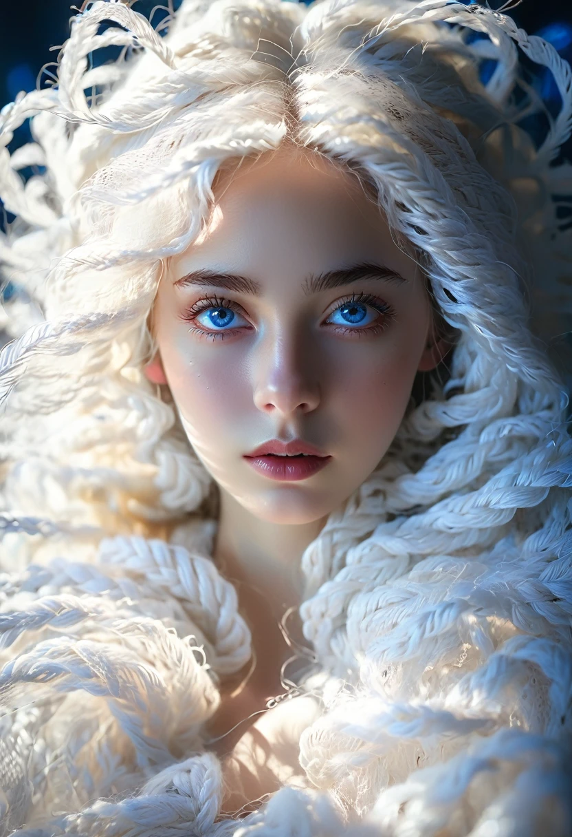 Long white yarn,Beautiful Spanish girl,blue eyes,Clear eyelashes dark background,Backlight,Michal Katz Style,Soft colors,4K,photography,Ultra-fine details