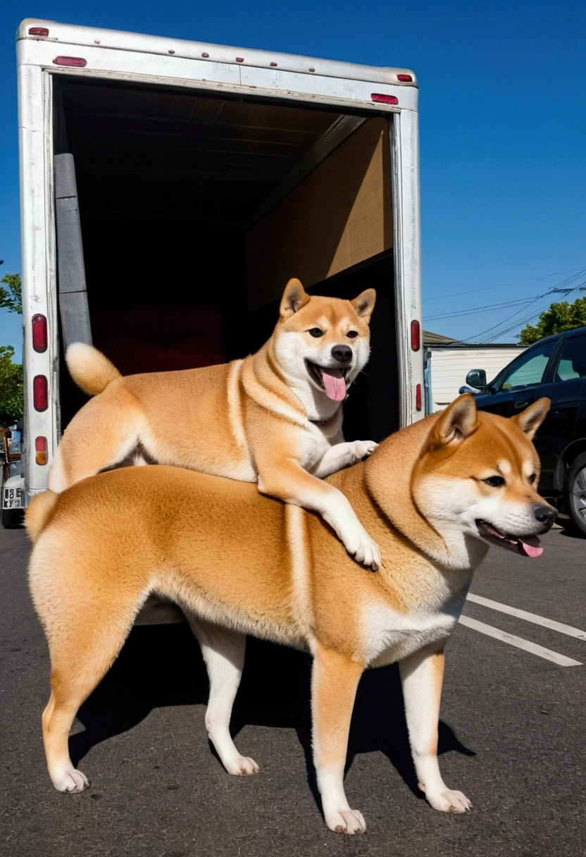 The Shiba Inu and a friend, another Shiba Inu, both struggling to move a large, plush sofa into a moving truck. The scene is comical, with exaggerated facial expressions showing their struggle