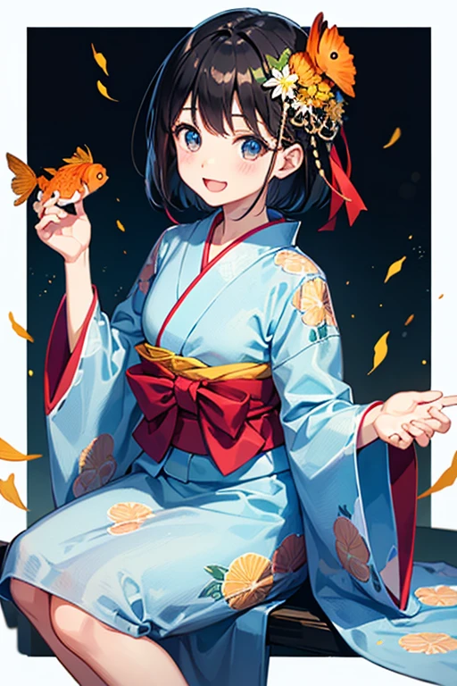 Highest quality、Black Hair、Iris、short hair、girl、cute、、、Small hair ornament、1 person、Light blue yukata、Goldfish pattern、A happy look、smile