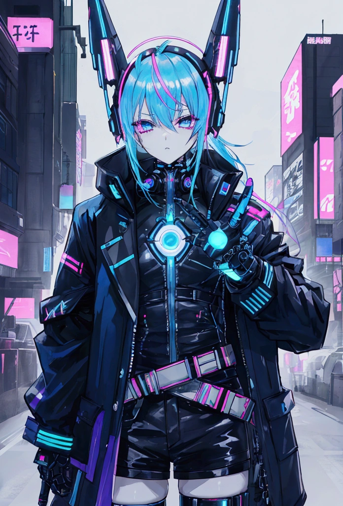 male,From the waist up,cyber punk,night,Light blue hair,Decadent,Mode fashion,80's,High-tech headgear,cyber punkの賑やかな繁華街,A city full of neon lights