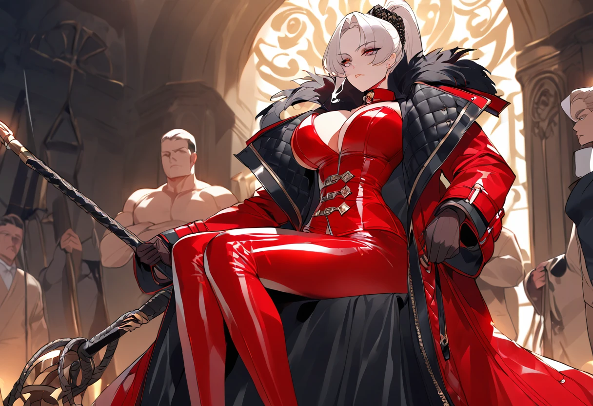 pretty ponytail girl with huge breastr class, luxury, triad female leader, Known for her impeccable fashion sense and elegant demeanor, she is a true embodiment of the Versace brand. Her body language is as captivating as her style dressed all red latex coat with (((dramatic high coat collar))) (((high and wide coat collar))), showcasing a unique combination of elegance and strength. leather gloves and boots, elegant sit pose on throne, holding a whip, in torture room basement, surrounded and whorsip by naked men