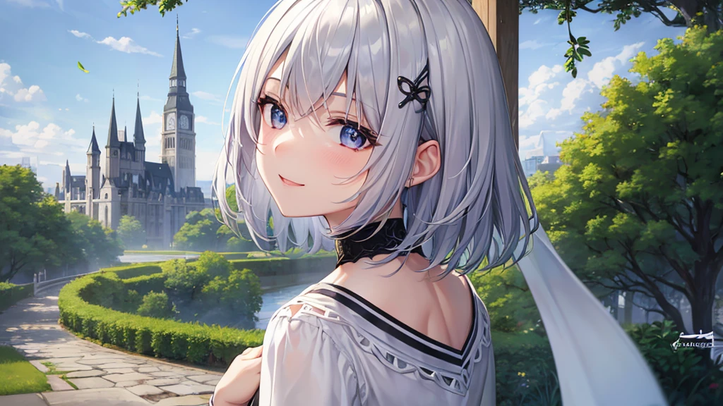 Ultra HD,Look at the viewers, Put your hands behind your back, With a girl, 20-year-old, 非常にShort Hair, Long bangs between the eyes, Pale blue eyes, Very detailed,(masterpiece、Highest quality),Gray Hair、Laughter、Fantastic, Silver Hair, Iris, Short hair、 Fluttering Hair、Small Face、明るいsmile、(Detailed face) ,Professional Lighting,Wonderful landscape,blue sky, sunlight,Looking down from above,Portraiture、Open your mouth、Flower Field、Her eyes were shining、Mysterious and enchanting atmosphere。With AI Painting、とてもShort Hair, Long bangs between the eyes, Very detailed,(masterpiece、Highest quality)、alone、Gray Hair、Fantasy, Silver Hair, Fantasyな風景、smile、Open your mouth、short hair、Short Hair、hairpin、black eye、Grey Eyes、Beautiful Eyes、White shirt、Jacket、I can see the neck、The clavicle is visible