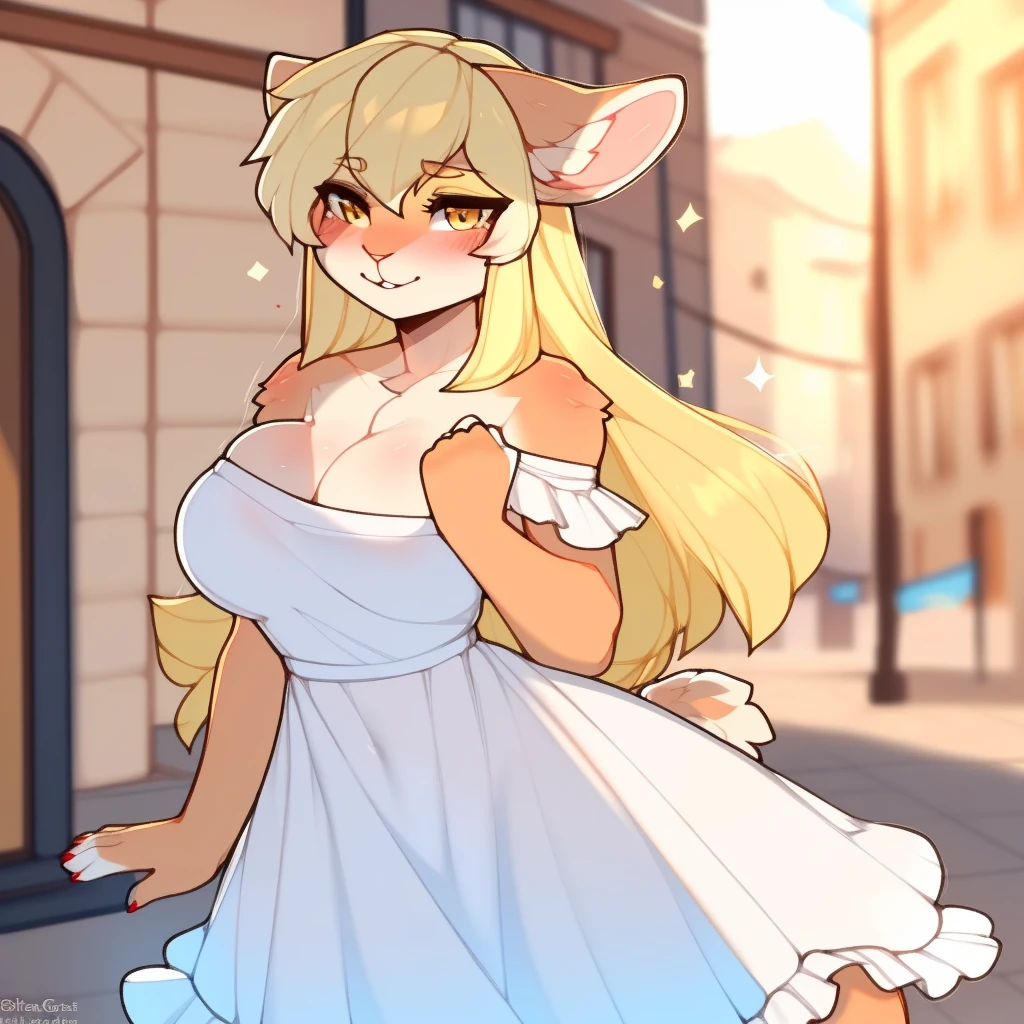 sfw, by claweddrip, by ressue, by pudgeruffian, by fleet-foot, by thericegoat, best quality, masterpiece, solo, female, rabbit, rabbit tail, sexy,(lop ears:1.1), blonde hair, long straight hair, beige fur, yellow eyes, bright eyes, graande breast, sundress, white sundress, off-shoulder, frills, gentle grande, plaza scenery