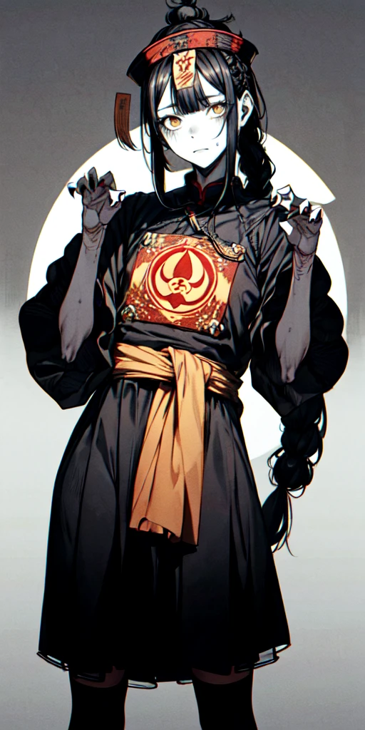 lora:flat:-1.2, masterpiece, best quality, 4k, 8k, 1 woman, solo, tall stature, long hair, blunt bangs, side braid, black hair, ugly face, bad face, bad eyes, droopy eyes, unclear eyes, ruby red eyes, lemon yellow eyes, pale skin, black eyeliner, black eye shadow, heterochromia, slender frame, sad, ofuda, jiangshi costume:1.2, fang, horror, coffin, forest, dark night, stormy weather, fog, from front, cowboy shot, look at viewer, paw pose,