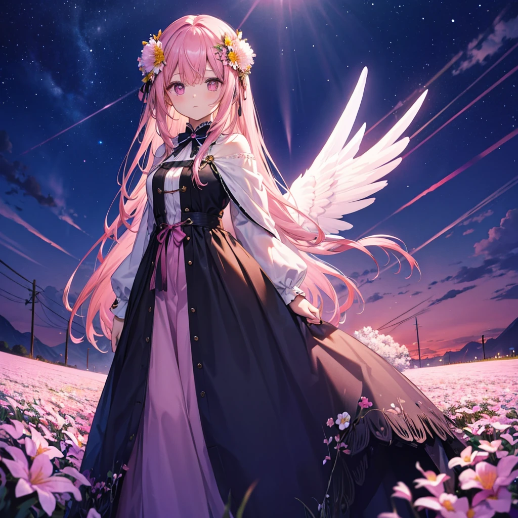 ((((Standing in a flower field))))　(((Long Hair　Pink Eyes　Pink Hair　Black Dress　Archangel)))　((night　満moon　Western style　Shining Aura　Face is close　Standing in a flower field　Close-up))　Broken glass　Big ribbon　moon　star　Catch the wind