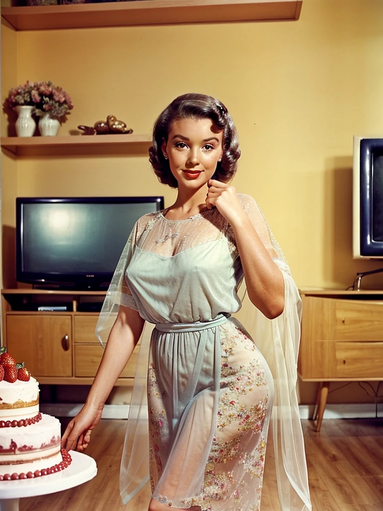 A lovely woman in a sheer summer dress offering the viewer a cake, 50s style living room, old fashioned tv against wall