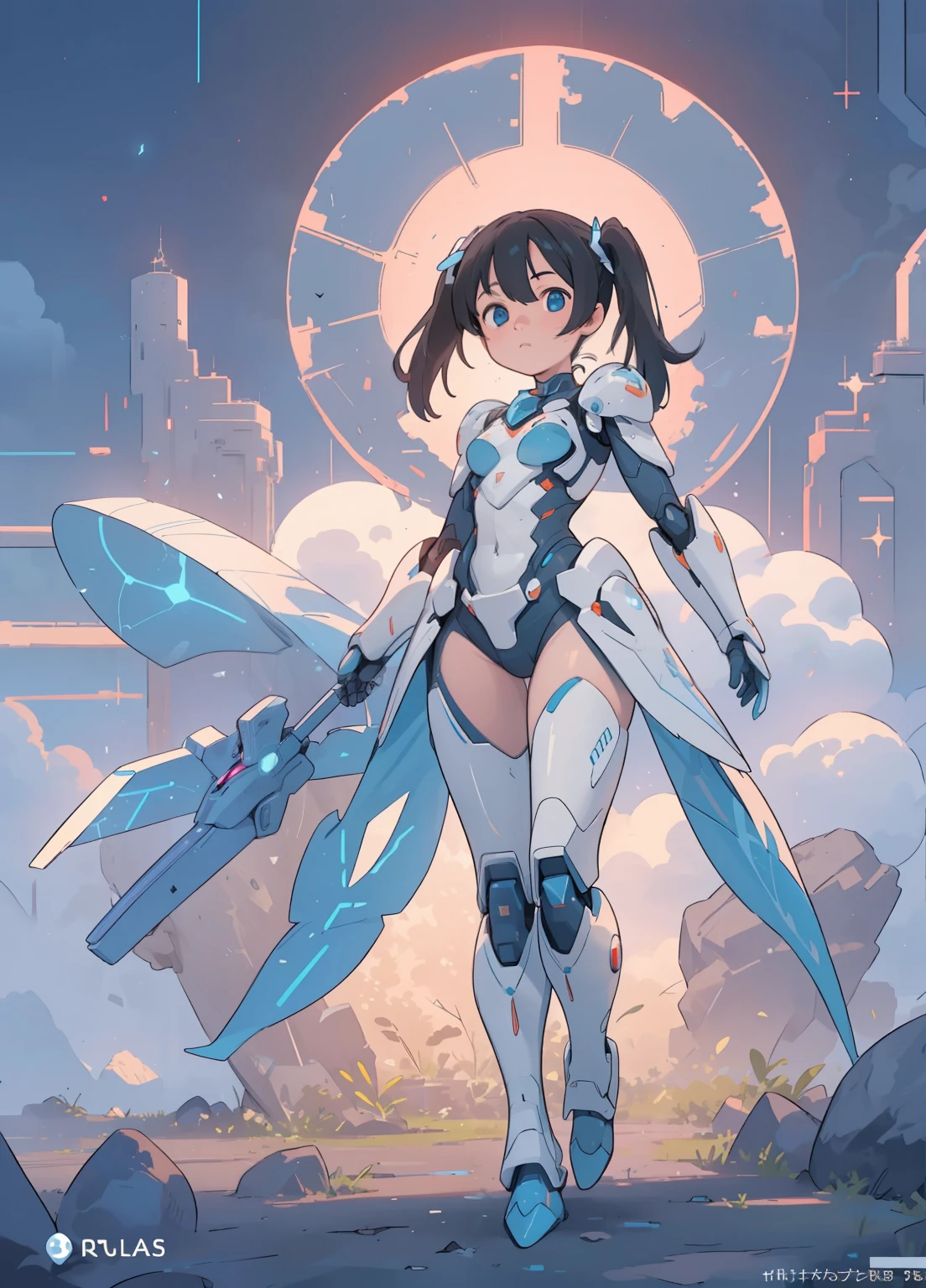 (masterpiece、Highest quality、Highest quality、Official Art、Beautiful and beautiful:1.2)、(One girl:1.3)Hatsune Miku、Twin tails,Beautiful breasts, humanoid mech, Fully enclosed shoulder guards, Matching arm and leg guards, whole body, Full Armor, A design that combines solidity and agility, (The color scheme is mainly white.、Comes with red and blue accents。, The concept was inspired by super robots, Organic Biotech Armor, Are standing, Floating above a futuristic sci-fi city), Exquisite and mature art style, (Aura effect, energy, Glowing Eyes, The armor shines), ((ＳＲＳ)), metallic, dynamic, dramatic, High resolution, Highest quality, High resolution, Super detailed, Ultra-fine painting, Very delicate, Professional, 完璧なボディProfessionalポーション, Anatomically correct, Symmetrical face, Highly detailed eyes and face, High quality eyes, creativity, RAW Photos, 超High resolution, 32k, Natural light, Cinema Lighting, masterpiece-anatomy-perfect, masterpiece:1.5