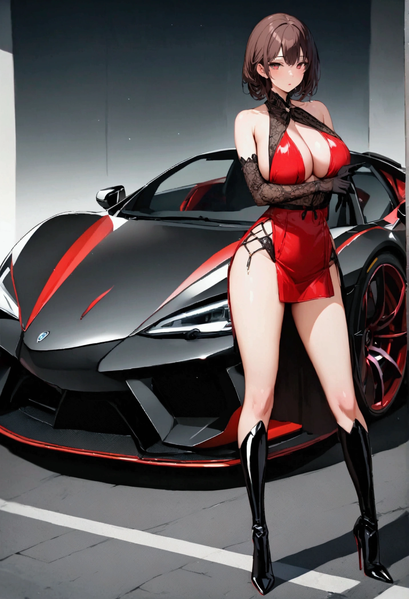 perfect and beautiful face, beautiful girl in red and black pointed toe stiletto knee high boots, standing beside a supercar ,, leatgher gloves on, big breasts and buts