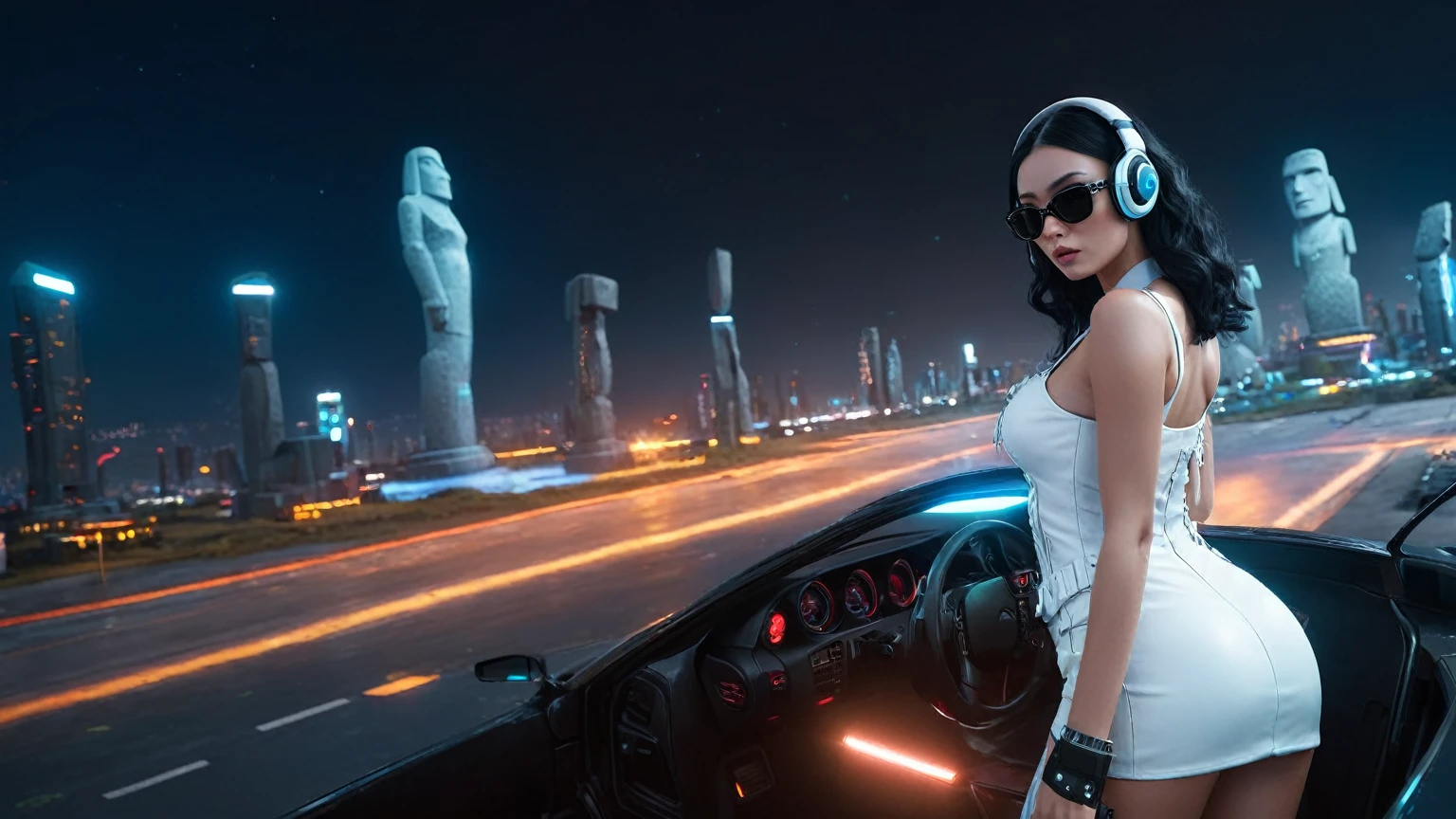 At night, dark sky, distant shot aerial view of fantasy cyberpunk style ice ((Moai-statue)) city, ((flying car)). ((1girl, solo, alone)), medium-breast:1.1 slim body, cleavage, sexy clothes, (headphone, black sunglasses, long black realistic hair), (((hip-up standing and holding pistol))), (((((half-body thigh level medium shot))))), cinematic lighting, lens flare, ray tracing.