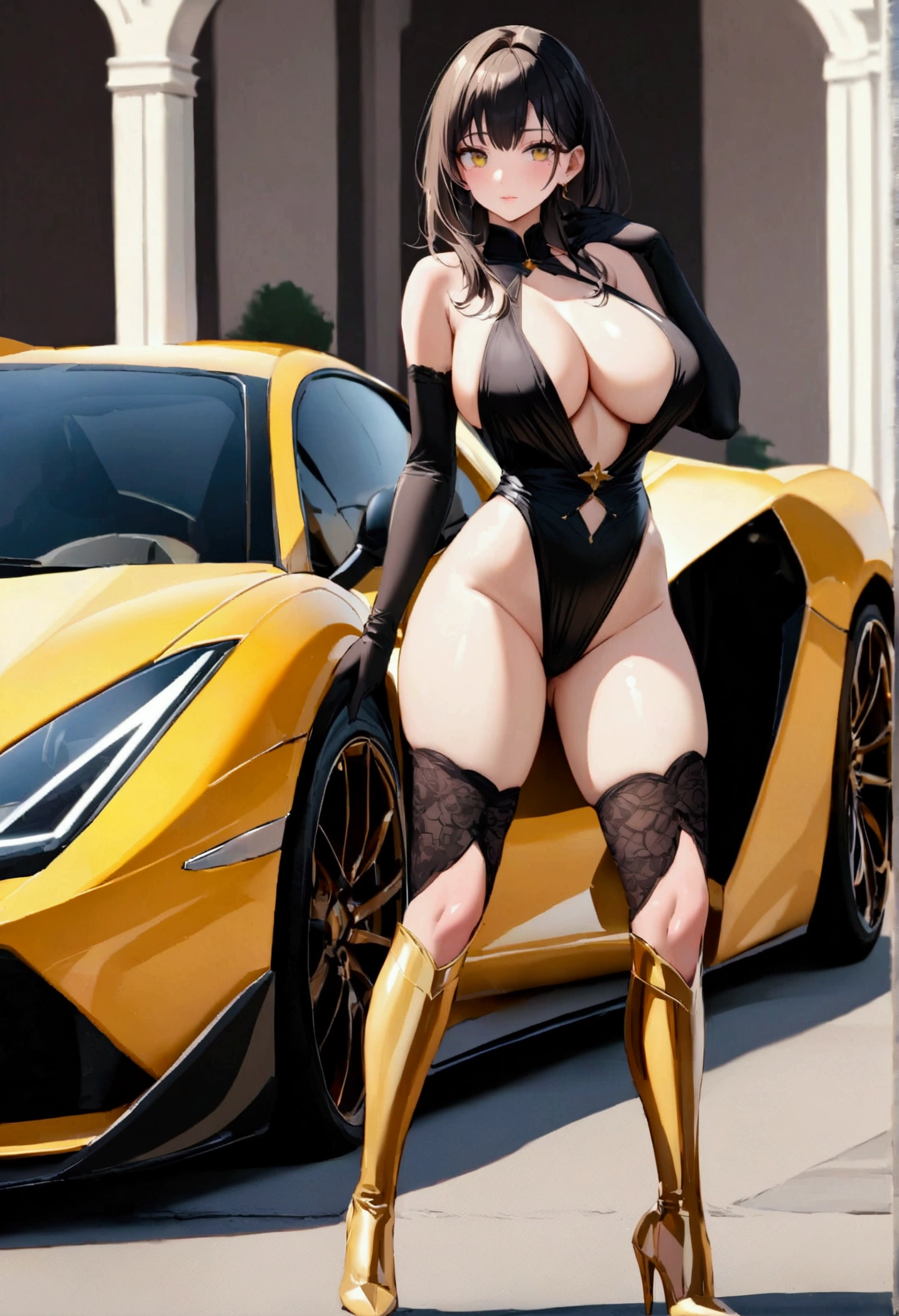 perfect and beautiful face, beautiful girl in  black and golden pointed toe stiletto knee high boots, standing beside a supercar ,, leatgher gloves on, ??????????? and buts