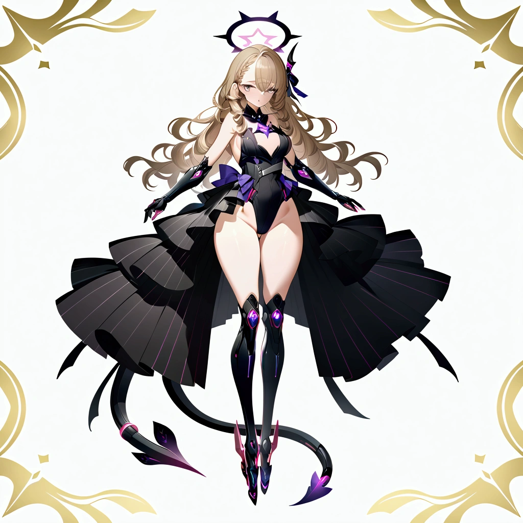 Woman 170cm tall, medium chest, wide hip, slim build, ((whole body)). (((character design sheet: front view))). (Dark blonde hair, (hip-length wavy hair styled in asymmetrical bangs), She has a short braid tied with an elegant purple bow on the left side of her hair above her chest. She has a short braid tied with an elegant purple bow on the right side of her hair above her chest. She has small ribbons in the back of her hair.). ((Gray eyes with a pink 4-pointed star in the pupil)). Two black and purple serval ears located on the top of the head. Luminous black halo with purple star patterns above his head. black necklace with a heart emblem on the neck. (Elegant one-piece long dress with lace and ruffle skirt, ribbon decorations and star patterns on the dress). black gloves, beautiful black platform heels. gray belt at the waist with a large ribbon with a luminous pink heart in the middle. (It has a complex succubus tail with a small purple star at the tip). ((It has complex mechanical legs that reach up to the thighs and are black with small purple details.)). beautiful detailed hair, beautiful detailed dress. extremely detailed arms. extremely detailed face, small face, Beautiful detailed eyes, beautiful detailed lips. adorable. extremely detailed legs. (Best Quality, 4k, high resolution), ultra detailed, Exquisite and epic character art, ((White background)).