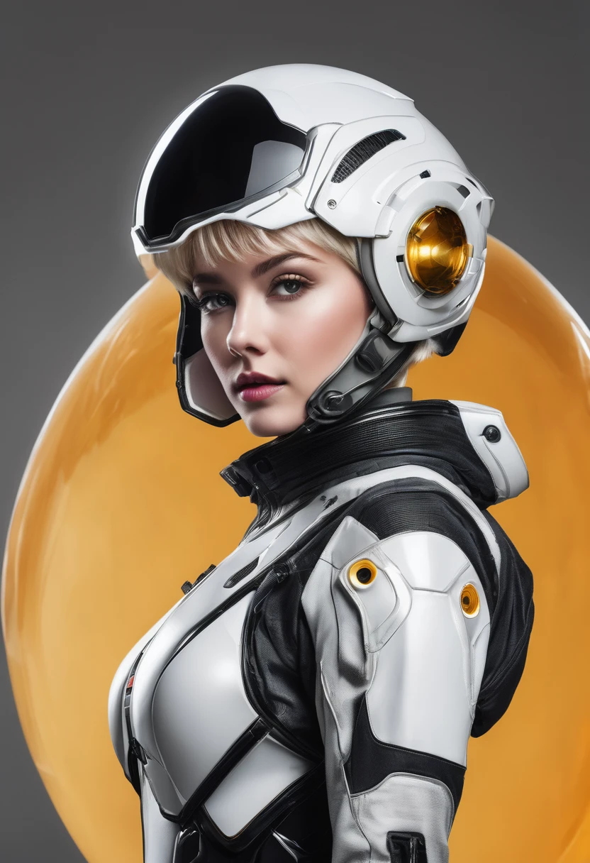 woman in a futuristic black and white space suit, holding her helmet, she has short blond pixie hair cut and amber eyes. behind the woman is a solid gray background.