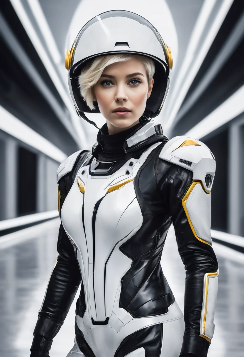 woman in a futuristic black and white space suit, holding her helmet, she has short blond pixie hair cut and amber eyes. behind the woman is a solid gray background.