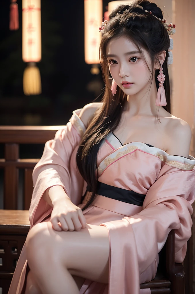 1 girl,(best quality, masterpiece:1.2), Very detailed,Selfie alone,Off-shoulder dress,Chinese Princess, (Pink belly pocket) ( Hanfu:1.3, ),night,Imagine,blur background