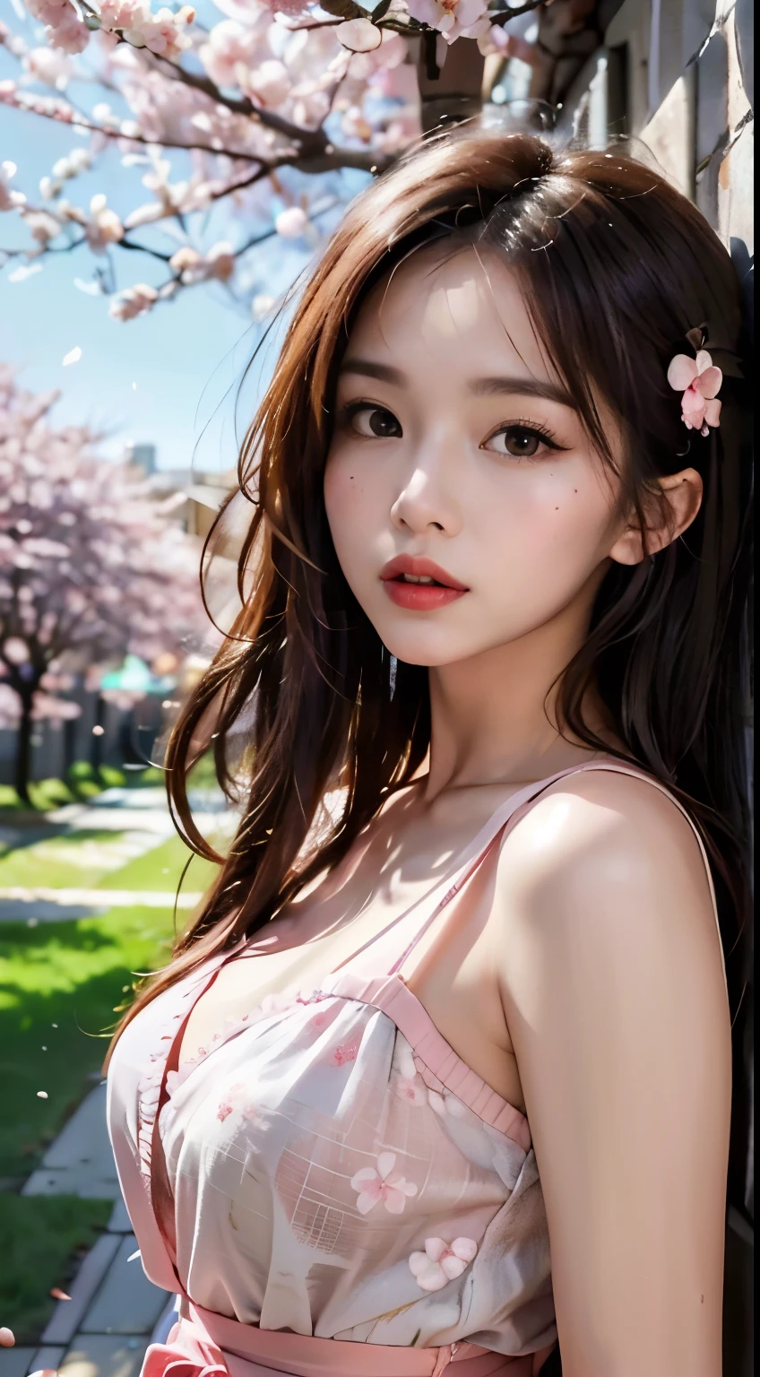 Mustem, top quality, illustration, ultra high definition, fine details, high resolution, 8K wallpapers, Complete dynamic configuration, beautiful detailed eyes, wearing a dress, natural color lips, random cute pose, perfect and beautiful face, cute, sexy face, sunset, ecstasy face, feminine face, (Cherry Blossom, Cherry Blossom, 떨어지는 Cherry Blossom 꽃잎, Cherry Blossom 눈보라, falling petals), waving in the wind Hair, hair is fluttering, pink Cherry Blossom, dancing petals, Cherry Blossom 눈보라, nice scenery, Sunrise, background sun, wind,