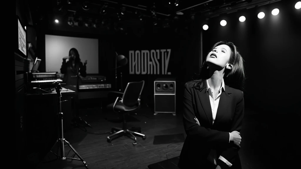 The scene shows a woman singing in a music studio in black and white, she sings softly until an agent armed with a gun enters, the agent wears a suit, tie and sunglasses, photorealistic, high-contrast