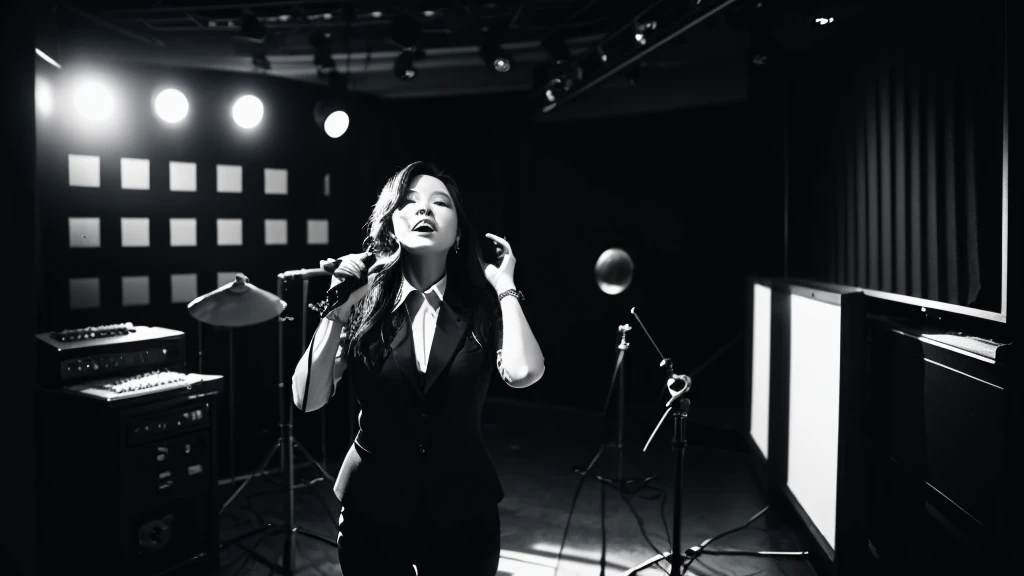 The scene shows a woman singing in a music studio in black and white, she sings softly until an agent armed with a gun enters, the agent wears a suit, tie and sunglasses, photorealistic, high-contrast
