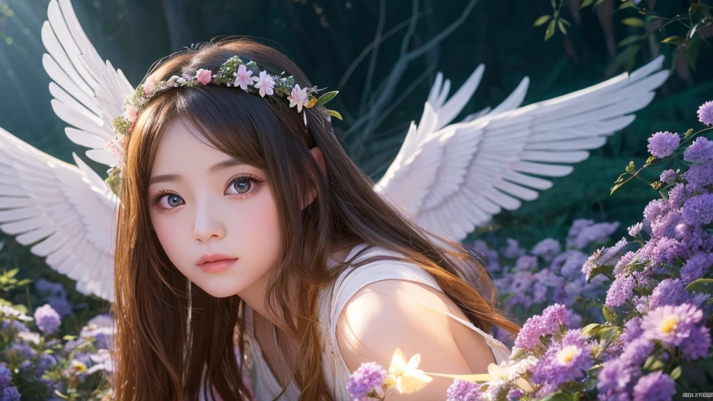 1920×1080、Photogenic reality、heaven、Fantasy、Powerful Magic、In the fantasy forest、Wrapped in dazzling light、眩Shiiほどの黄金色の光が降り注ぐ、god々Shii、Fantasy、Spreading its large wings、cute、Beauty、Adult female、Big Eyes、一人の美Shii美の女godの全身の画像を作ってください