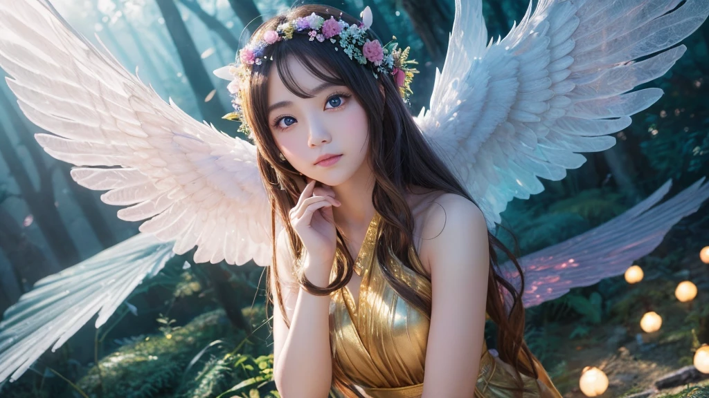 1920×1080、Photogenic reality、heaven、Fantasy、Powerful Magic、In the fantasy forest、Wrapped in dazzling light、眩Shiiほどの黄金色の光が降り注ぐ、god々Shii、Fantasy、Spreading its large wings、cute、Beauty、Adult female、Big Eyes、一人の美Shii美の女godの全身の画像を作ってください
