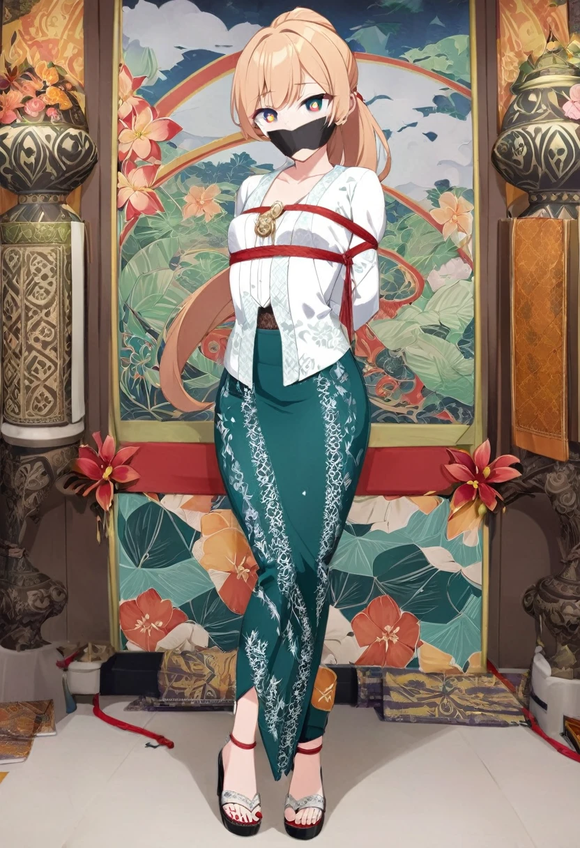 score_9, score_8_up, source_anime, 1girl, solo,The photo features a woman standing in traditional decorations. She is wearing traditional attire consisting of a light white kebaya with lace trim and a long green skirt with batik or songket patterns. The woman is also wearing white high-heeled sandals, and there is a frangipani flower tucked behind her left ear. The surrounding environment has ornate decorations, likely from Bali or Java. , (bound wirsts), (arms behind back), (tapegag, tape gag), dramatic,  (looking at viewer), (detailed pupils:1.3),pencil skirt ,red rope, thick rope,small breast,ponytail hair,normal breast 