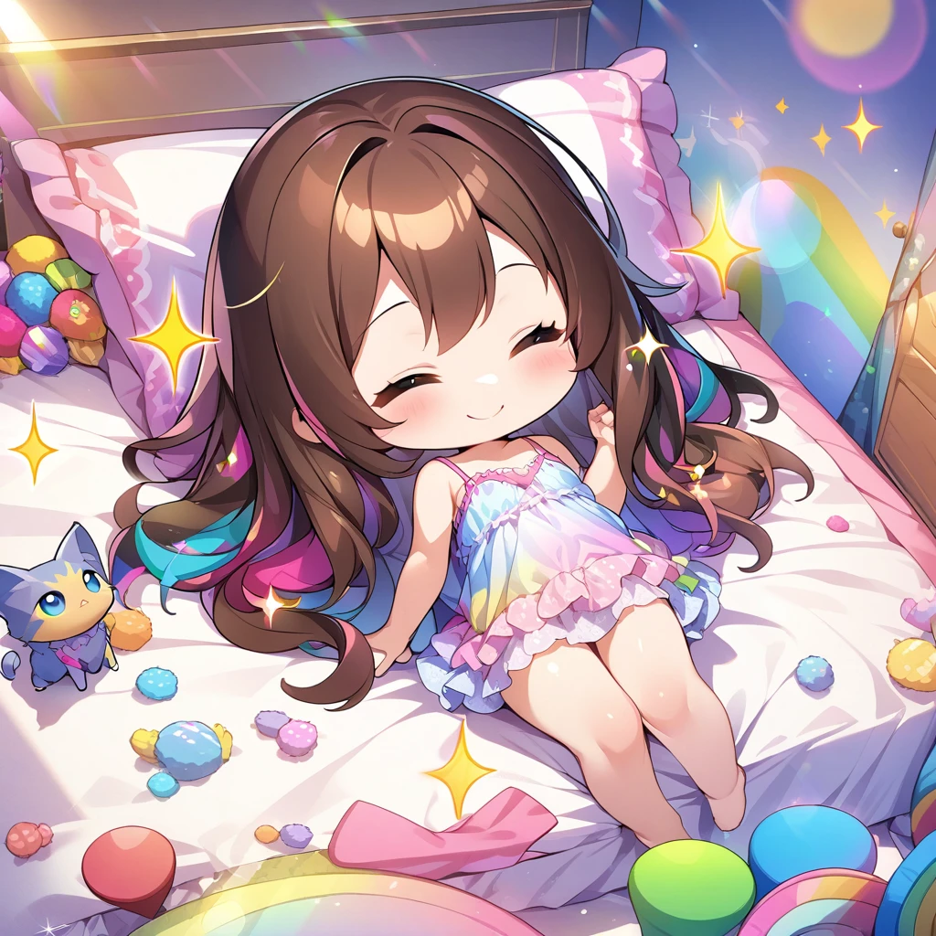 masterpiece, best quality, 4k、2D illustration、one beautiful girl、solo、(((chibi style)))、((vivid colors))、((cute chibi))、lovely chibi、((long beautiful hair)), glossy brown hair, hair between eyes, cute、closed eyes、((camisole dress)), ((miniskirt))、((colorful))、((smile))、lying in bed、((full body shot))、((kitten)), ((lots of colorful stuff around))、((bed))、sparkle、((lens flare))、