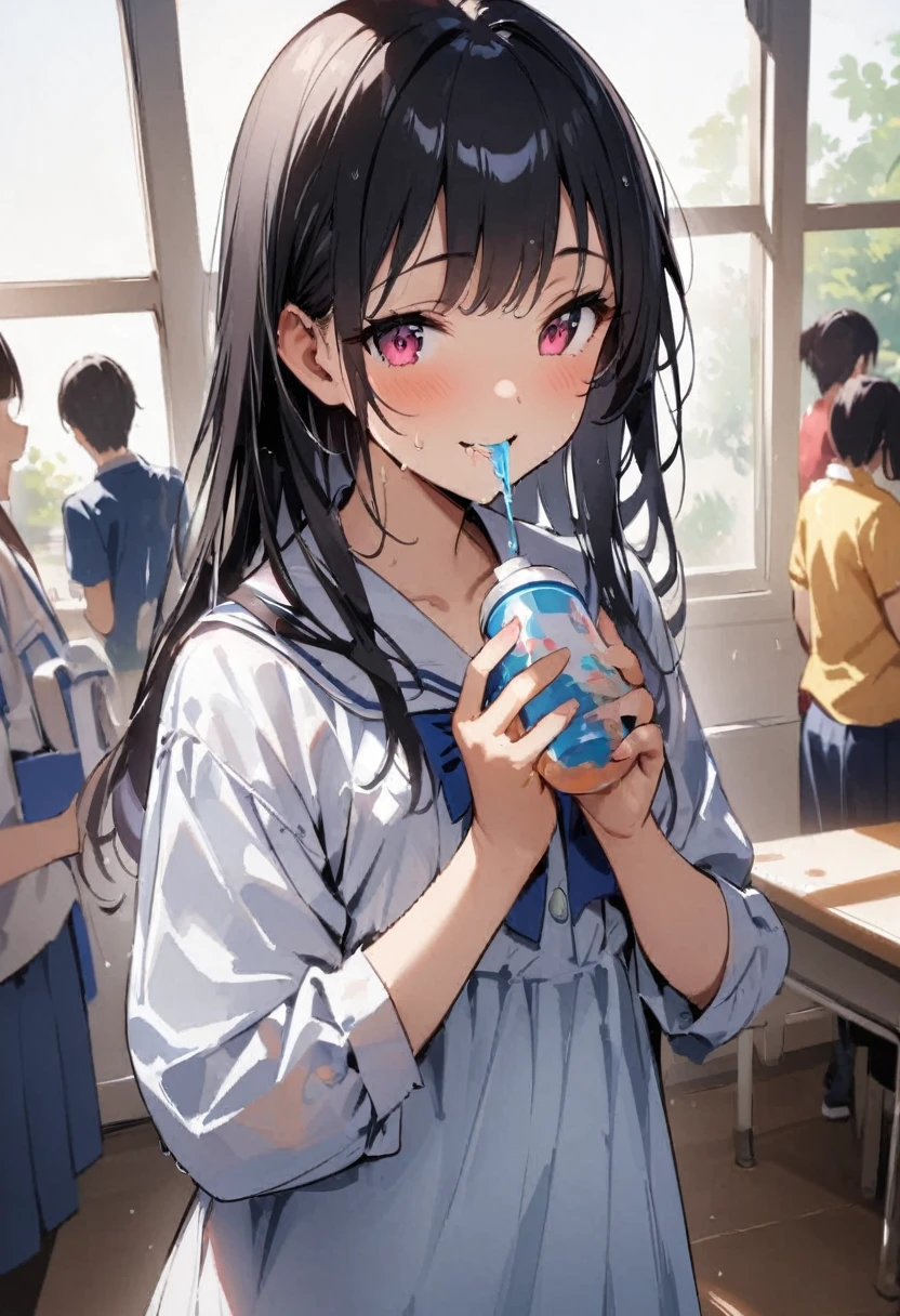 drink juice、closeup-face、Holding a plastic bottle in both hands、Clothes are wet with liquids、Juice dripping from the mouth、from directly below、Stinking eyes、sideways glance、School、In the classroom、Girl、Girl、Short、Younger、Lower school year、Baby Face、flat chest、smile、Dynamic Angle、masterpiece、best quality、ultra-detail、Sweating heavily、The air conditioner is broken、Summer sunshine、Looks hot、The desks are lined up、corridor、window、There are several classmates behind me.、Clothing、Untidy appearance、Her chest is exposed、Fan、Heat
