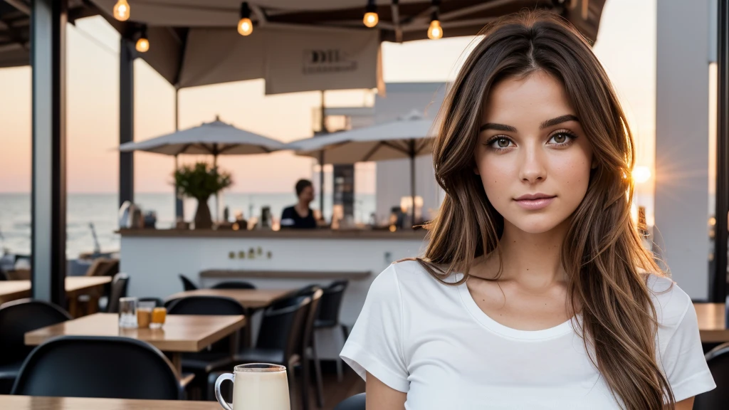 Belle brune espagnole portant un t shirt blanc (in a modern cafe at sunset), very detailede, 24 ans, visage excitant, natural wavy hair, yeux marron, high resolution, chef-d'artwork, Best quality, Intricate details, very detailed, angle parfait, mise au point nette, detailed skin, texture de peau Realistic, texture, detailed eyes, professionnel, 4k, sourire charmant, filmed in Canon, 85 millimeters, faible profondeur de champ, Couleur Kodak Vision, corps parfaitement ajusté, Extremely detailed, photographier_\(ultra\), photoRealistic, Realistic, Post-traitement, Maximum details, roughness, vrai vie, ultra Realistic, photorealism, photographie, 8k , photographie, bare shoulder, large neckline, sans sous-vêtement, sexy, flirts with the camera, regarde sexy, regard directement la camera, with uncovered face, ne porte pas de sous vêtements, pierced ?????? very visible under the t-shirt,