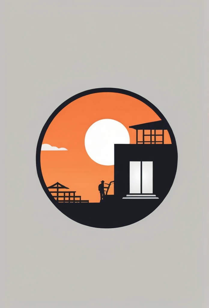a stylish logo for the construction industry
A long container logo next to a Japanese one-story house
Pretty cool
chic and modern design
The orange sunset is withering in the container's design sky
use gray as one's logo
A logo with a cool Japanese-style square container drawn inside a circle-shaped logo
The logo is monotone in white, black and gray
Only the sky above the house is designed to be orange
White background