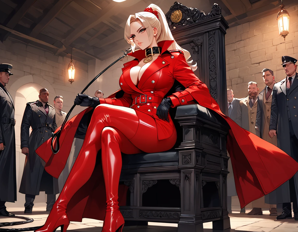 Femdom pretty ponytail girl with huge breast, upper class, luxury, triad female leader, Known for her impeccable fashion sense and elegant demeanor, she is a true embodiment of the Versace brand. Her body language is as captivating as her style dressed all red rubber trench coat with (((dramatic high coat collar))) (((big and wide coat collar))), showcasing a unique combination of elegance and strength. leather gloves and boots, elegant sit pose on throne, holding a whip, in torture room basement, surrounded and whorsip by naked men