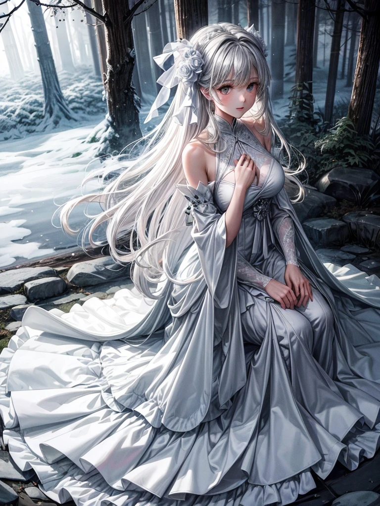In the dark forest。full moon。White Rose。Big wolf sitting。An elegant white dress lies on the ground。